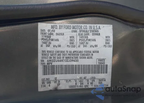 2002 Mercury Mountaineer из США, поврежденный, VIN 4M2ZU66K12ZJ39635